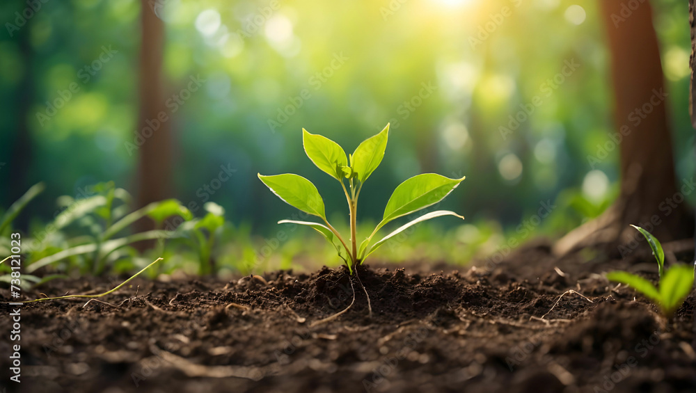 Plants growing from the soil in the forest with a blurred background Young plant growing in sunlight Plants growing from the soil in the forest with a blurred background Young plant growing in sunlight