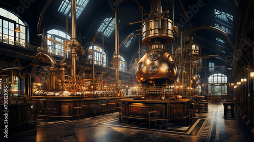 Brewery Interior Scene: Traditional brewery with copper tanks for brewing beer.