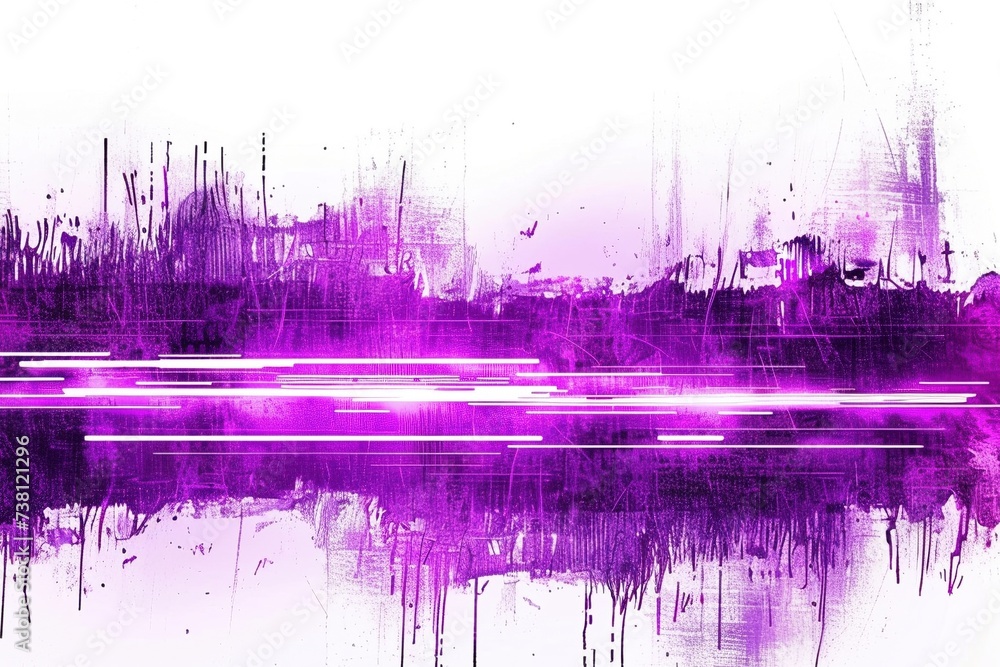 Vibrant Neon Hues: Purple Grunge and Scratch Effect Horizontal, Neon Glow Isolated on White
