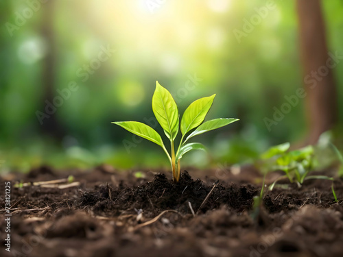 Plants growing from the soil in the forest with a blurred background Young plant growing in sunlight 