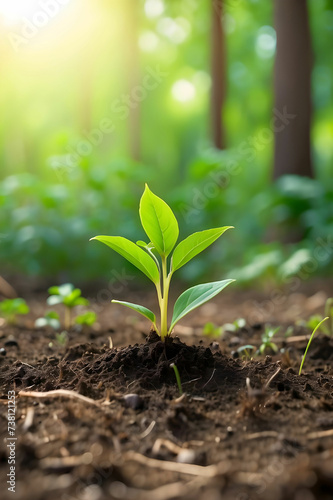 Plants growing from the soil in the forest with a blurred background Young plant growing in sunlight 