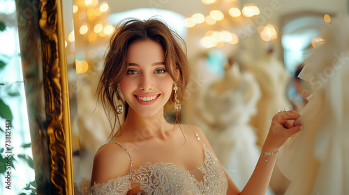 Portrait of a young woman wearing a wedding dress in a bride fashion shop.