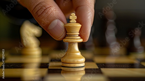 Macro shot of a player's hand carefully placing a king piece on a checkered wooden chessboard during a game. Hand Positioning a King on Chess Board