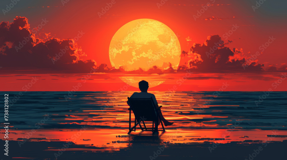 A person sits on a deck chair and watches the sunset by the sea A person sits on a deck chair and watches the sunset by the sea