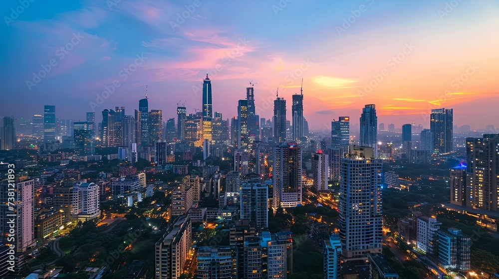 A serene twilight sky with hues of pink and blue over a sprawling cityscape with glowing high-rise buildings and busy streets. Twilight Over Sprawling Urban Cityscape

