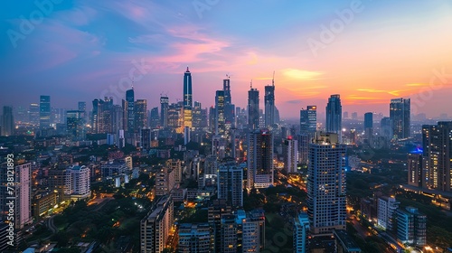 A serene twilight sky with hues of pink and blue over a sprawling cityscape with glowing high-rise buildings and busy streets. Twilight Over Sprawling Urban Cityscape