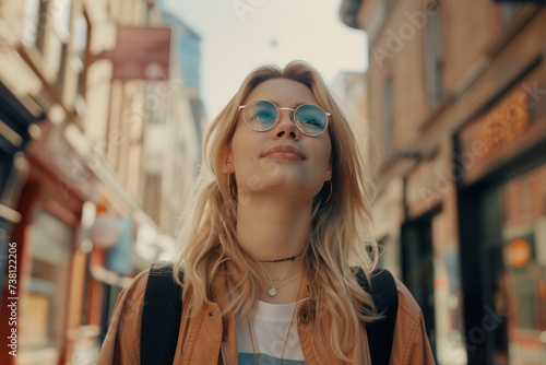 blonde woman exploring the city streets as a tourist or student generative ai