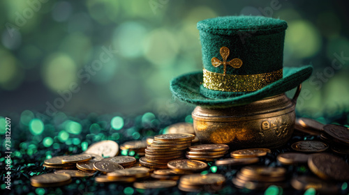 Happy St Patrick's Day concept with pot of gold coins and St Patrick's hat