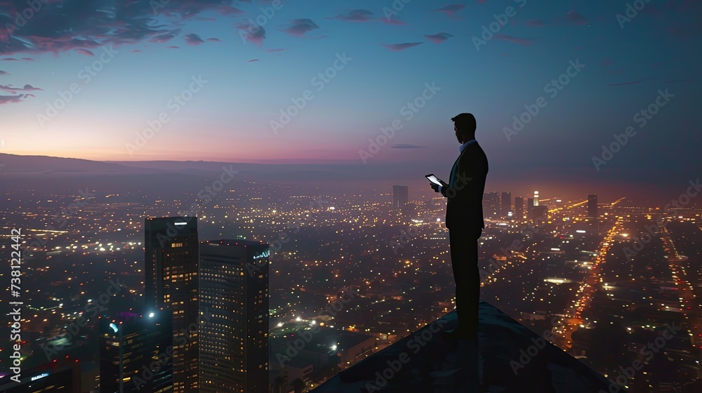 Fototapeta premium Silhouetted businessman with tablet standing atop a skyscraper, gazing over a sprawling city as night falls.