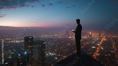 Silhouetted businessman with tablet standing atop a skyscraper, gazing over a sprawling city as night falls.