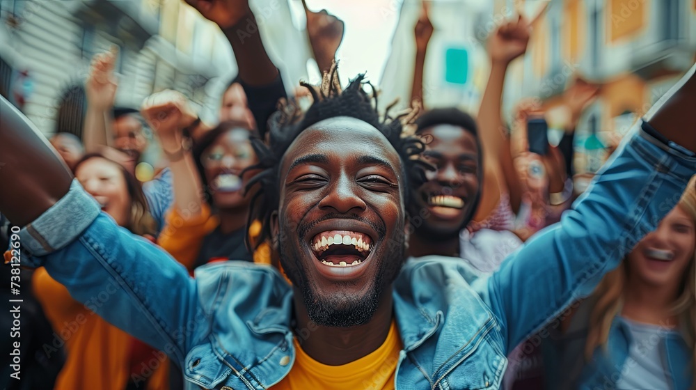 Exultant young man with a beaming smile surrounded by a jubilant crowd celebrating outdoors.
Exultant young man with a beaming smile surrounded by a jubilant crowd celebrating outdoors.