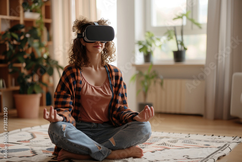 woman wearing vr headset do meditation in livingroom