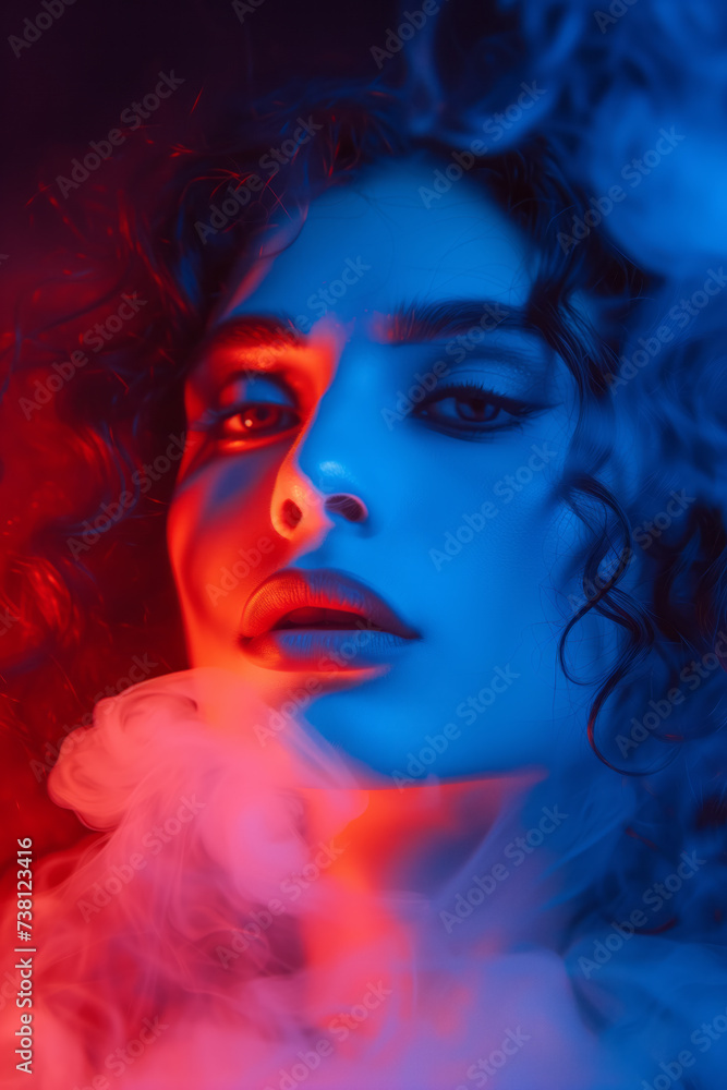Abstract and artistic portrait of a beautiful woman, featuring vibrant red and blue smoke-like textures blending together. Shallow depth of field.