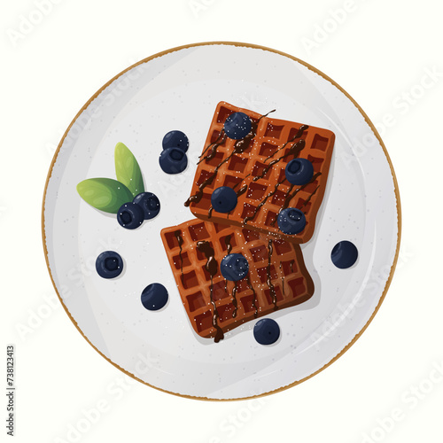 Breakfast sweet food, waffles on plate vector illustration. Cartoon isolated tasty baked Belgian waffles with blueberry , top view of delicious morning meal and yummy crispy wafer dessert