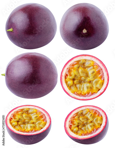 Isolated passionfruit. Collection of whole and cut passion fruits, maracuya isolated on white background