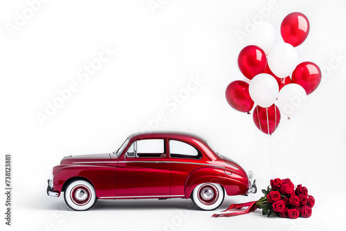 Retro car model, white and red balloons and a bouquet of red roses on a white background. Banner, card with empty space. Gift, congratulations. Love concept, wedding