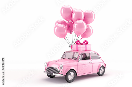 Pink toy retro car with gift boxes on the roof and pink balloons on a white background. Banner, card with empty space. Gift, congratulations