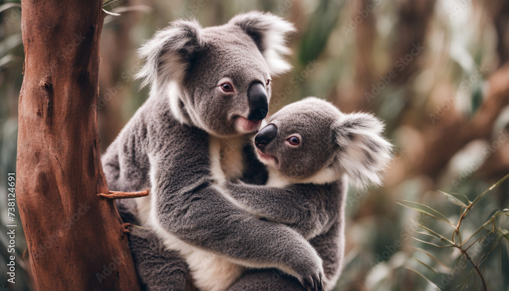 Fototapeta premium Photo of a koala with a baby, wild photography