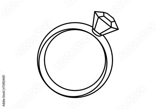 Hand drawn cute outline illustration of wedding ring. Flat vector engagement ring with gemstone sticker in line art doodle style. Propose and marriage. Valentine's Day and love concept icon. Isolated.