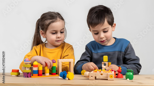 Children with educational toys, kindergarten playtime, Montessori method learning tools
