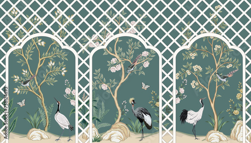 Vintage botanical garden tree, crane, birds, pergola, plant floral seamless border. Exotic chinoiserie mural.