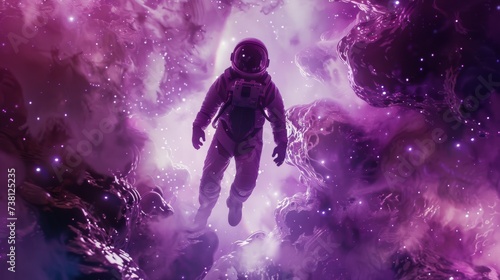 Abstract astronaut in fantasy space pool of stars and planets. Purple and pink nebula astronomy space exploration. 