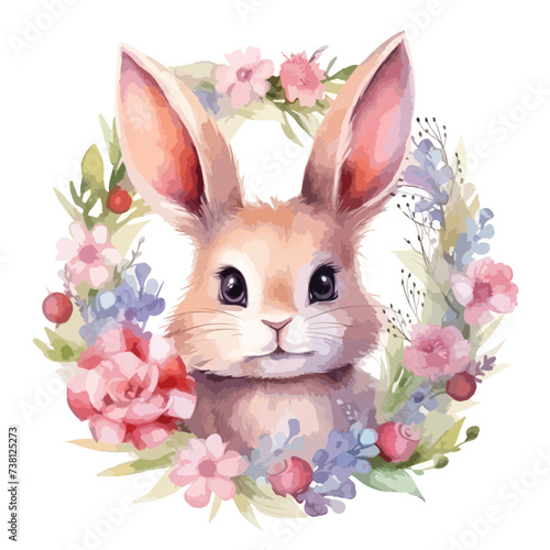 Cute bunny with a wreath of flowers isolated white