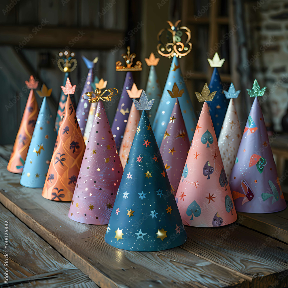 Festive Party Hats Arrayed on a Rustic Wooden Table