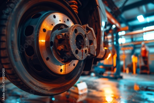 Close-up of a vehicle's disc brake undergoing repair during a tire replacement process in a garage, emphasizing maintenance of brakes and shock absorber systems generative ai