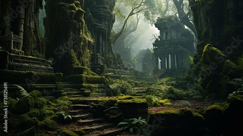 command: A mysterious jungle with an ancient forest temple at its center, moss-covered stone walls, a tranquil lotus pond at its entry, and an ethereal glow permeating all © muzamli art