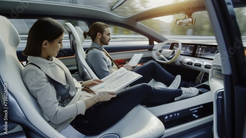 Self-driving car interior view with passengers enjoying a hands-free journey, reading and relaxing, highlighting the comfort and convenience
