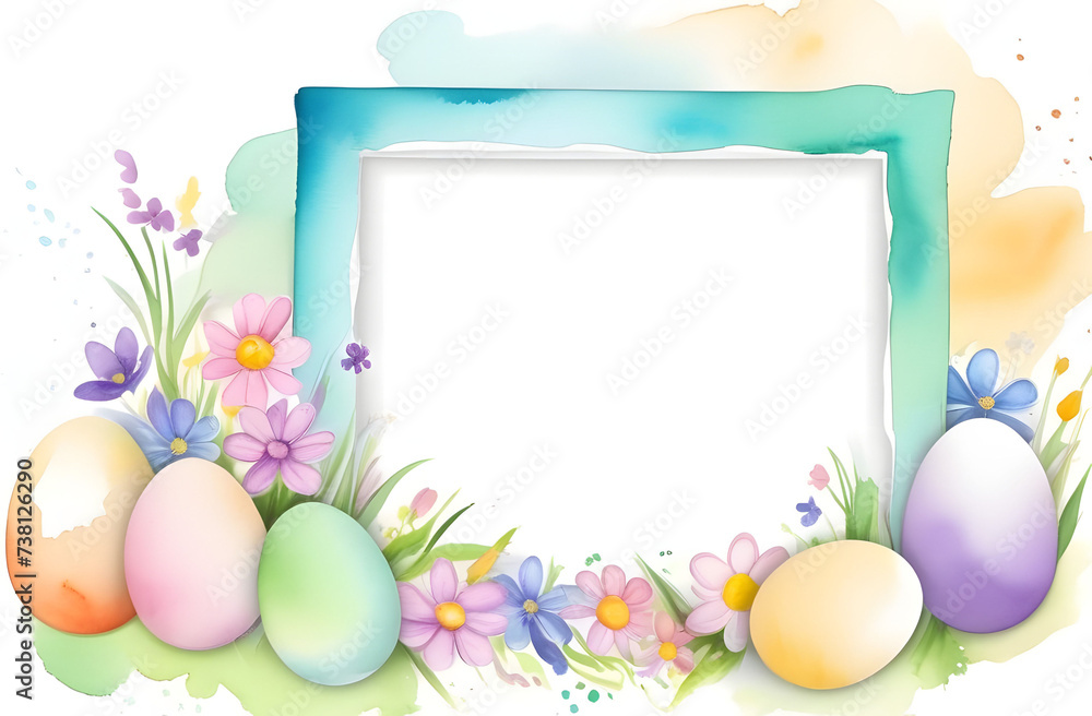 Watercolor illustration of an Easter banner with a frame with copy space in the middle. Painted eggs and flowers on a light background.
