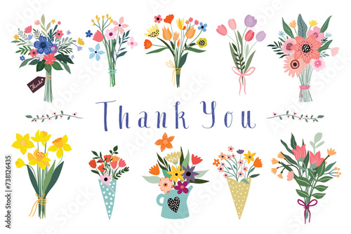 Floral bouquets collection with different types of flowers in bloom and plants, Thank You greeting card, vector design