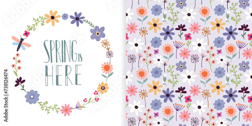 Spring is here set with seamless pattern and greeting card, floral seasonal design