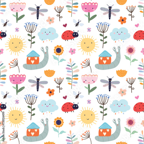 Childish seamless pattern with snails, ladybirds, sun and flowers, decorative wallpaper, spring summer design, kids ornamental backgrounds
