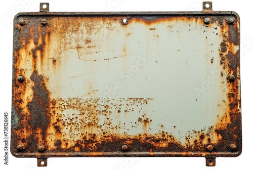 Old rusty metal sign with blank space isolated on transparent or white background, png