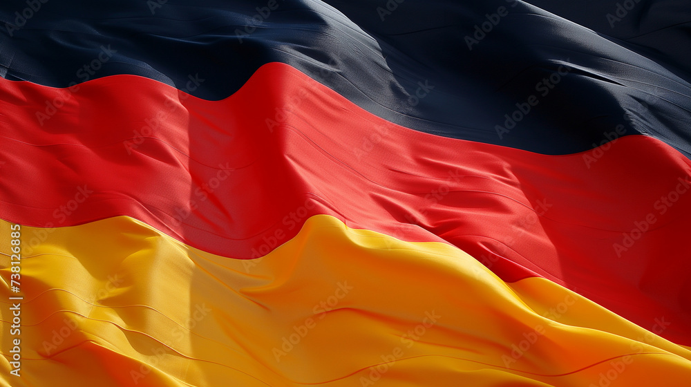 Fototapeta premium A vibrant German flag, with hues of carmine and maroon, proudly waves in the wind, symbolizing passion, power, and patriotism