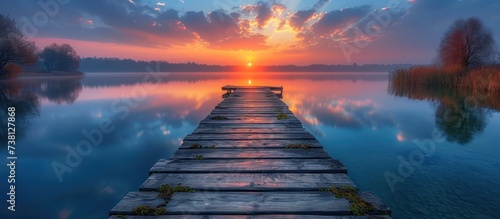 wooden pier overlooking the lake at sunset photo