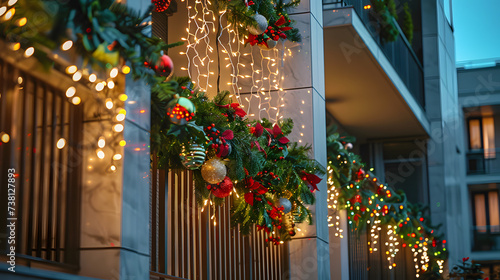 Festive balcony decoration, Christmas lights in residential building © Marc