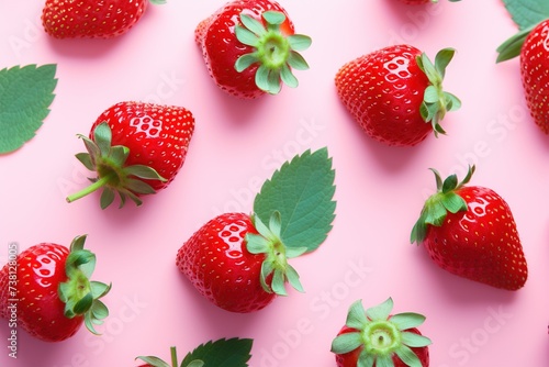 delicious ripe red strawberries with leaves on a pastel pink background top view