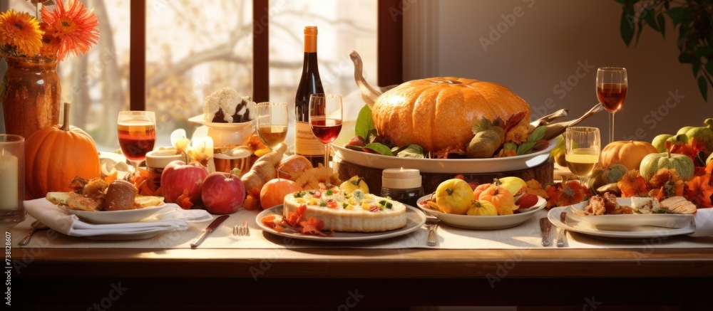 Festive table setting with tasty food for Thanksgiving.