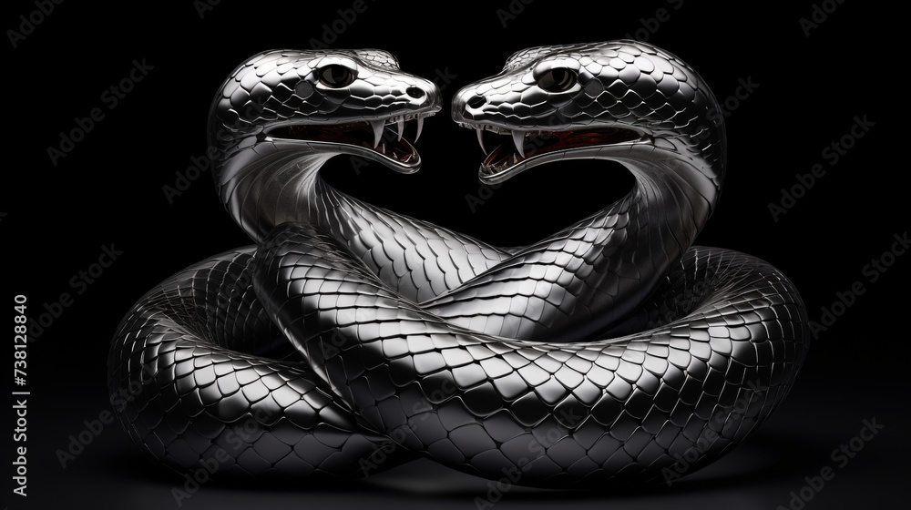 Naklejka premium a 3d render of a silver render of two cobra's intertwined sticking their tongue outs, on a black background created with Generative AI