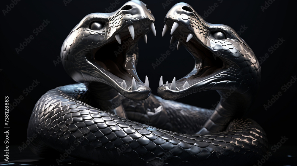 a 3d render of a silver render of two cobra's intertwined sticking their tongue outs, on a black background created with Generative AI a 3d render of a silver render of two cobra's intertwined sticking their tongue outs, on a black background created with Generative AI