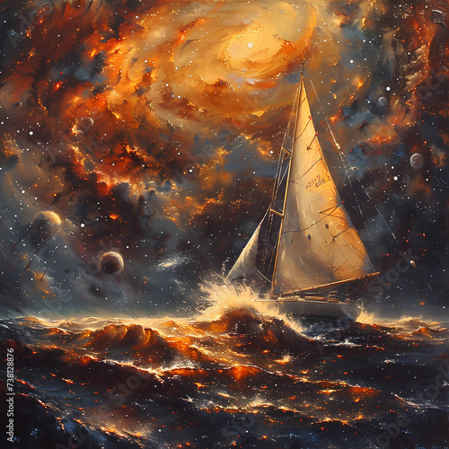 Majestic Sailing Ship Braving Cosmic Seas Amidst a Starry Galaxy photo