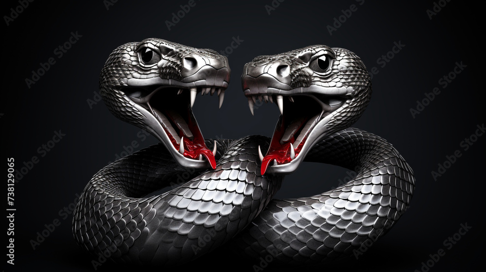 Obraz premium a 3d render of a silver render of two cobra's intertwined sticking their tongue outs, on a black background created with Generative AI