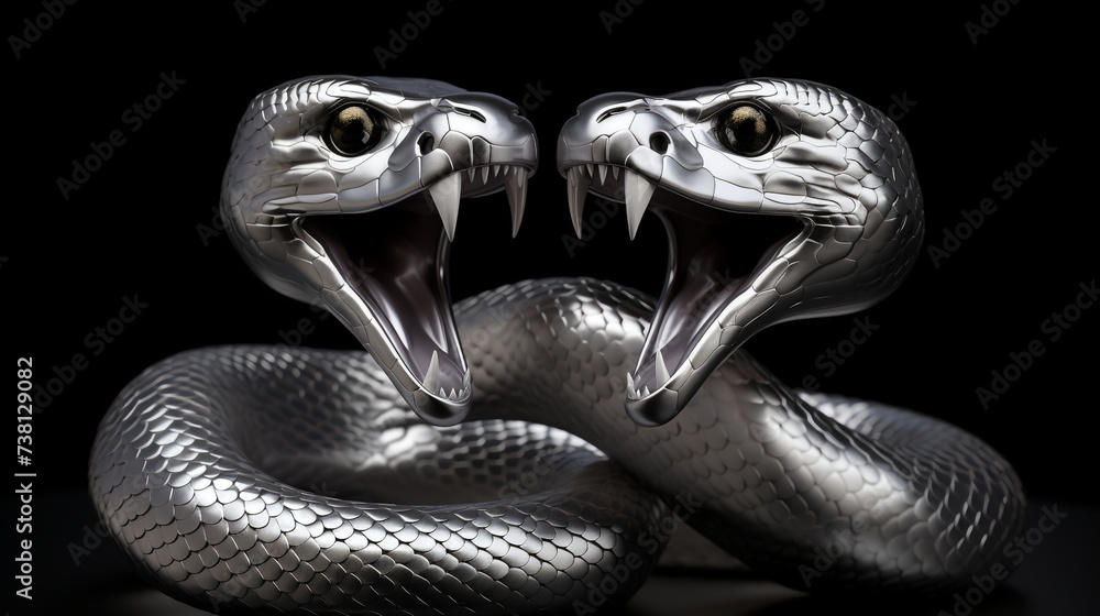 Fototapeta premium a 3d render of a silver render of two cobra's intertwined sticking their tongue outs, on a black background created with Generative AI