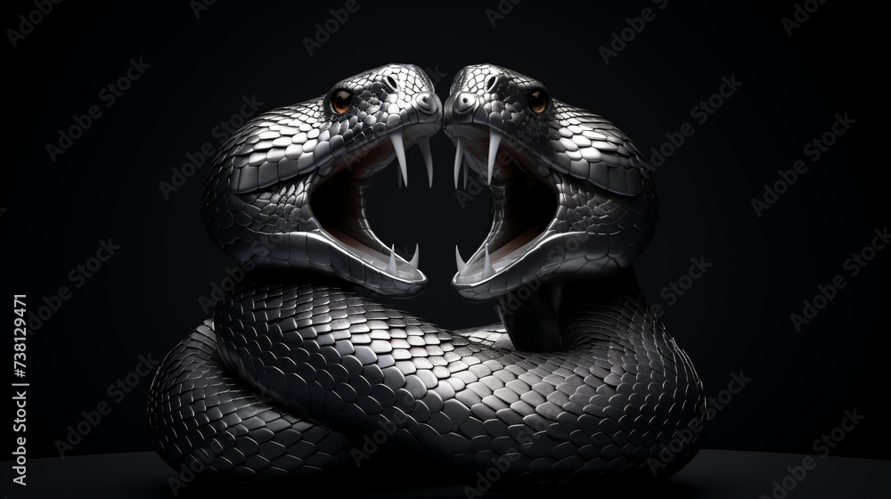a 3d render of a silver render of two cobra's intertwined sticking their tongue outs, on a black background created with Generative AI a 3d render of a silver render of two cobra's intertwined sticking their tongue outs, on a black background created with Generative AI