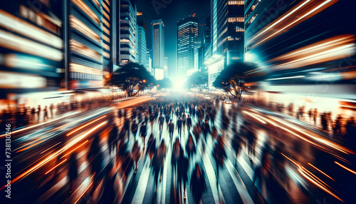 A bustling city street at night, showing blurred crowds of people in motion