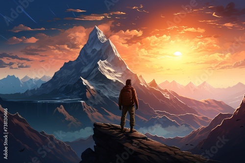 a man standing on a cliff looking at a mountain range