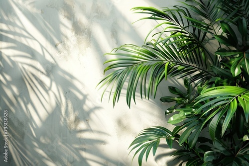 green tropical leaves cast a shadow on the background of the sunlit white wall with copy space